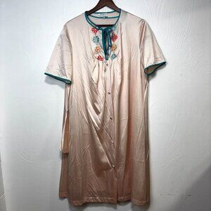 Vintage Nightgown Set 2 Piece Satin Pink Blue Trim Floral Embroidered 80s 90s M